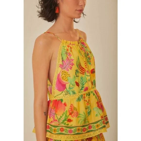 💕FARM RIO💕 Yellow Delicate Fruit Garden Sleeveless Blouse ~ Medium NWT